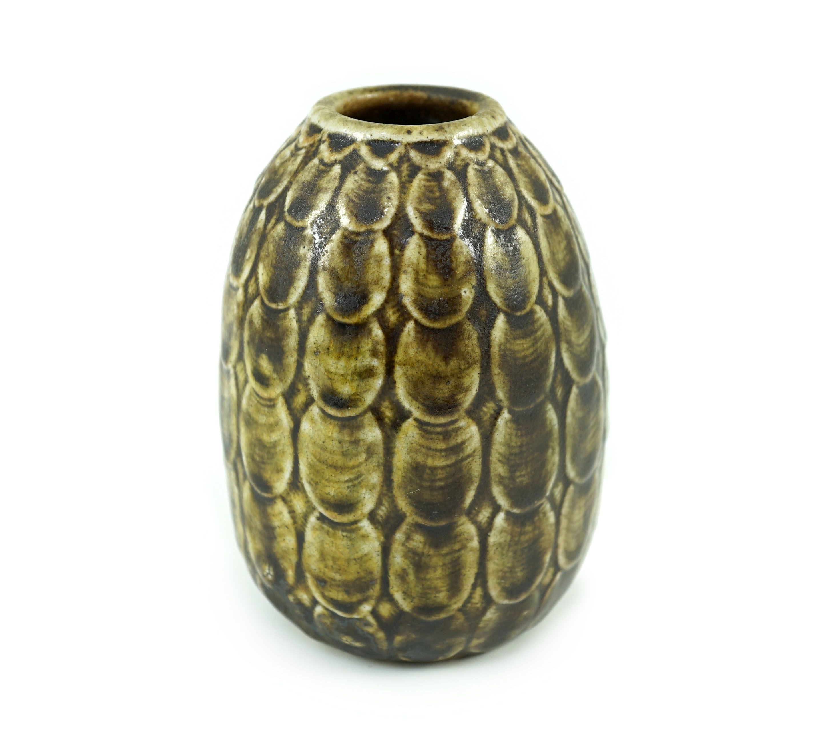 A Martin Brothers scale pattern ovoid small vase, dated 1910, 13.5 cm high